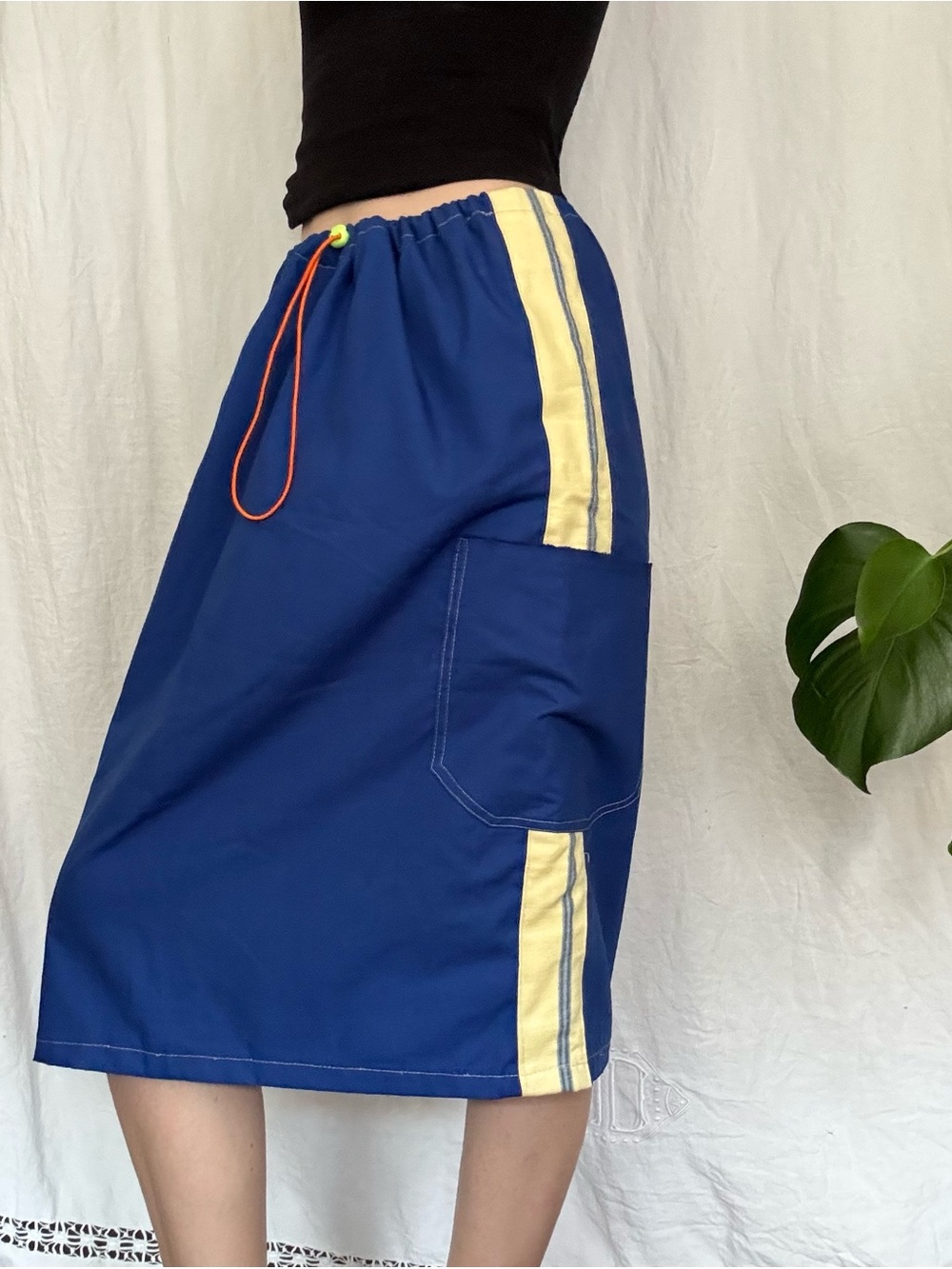 Blue Midi Athletic Skirt with Yellow Stripes